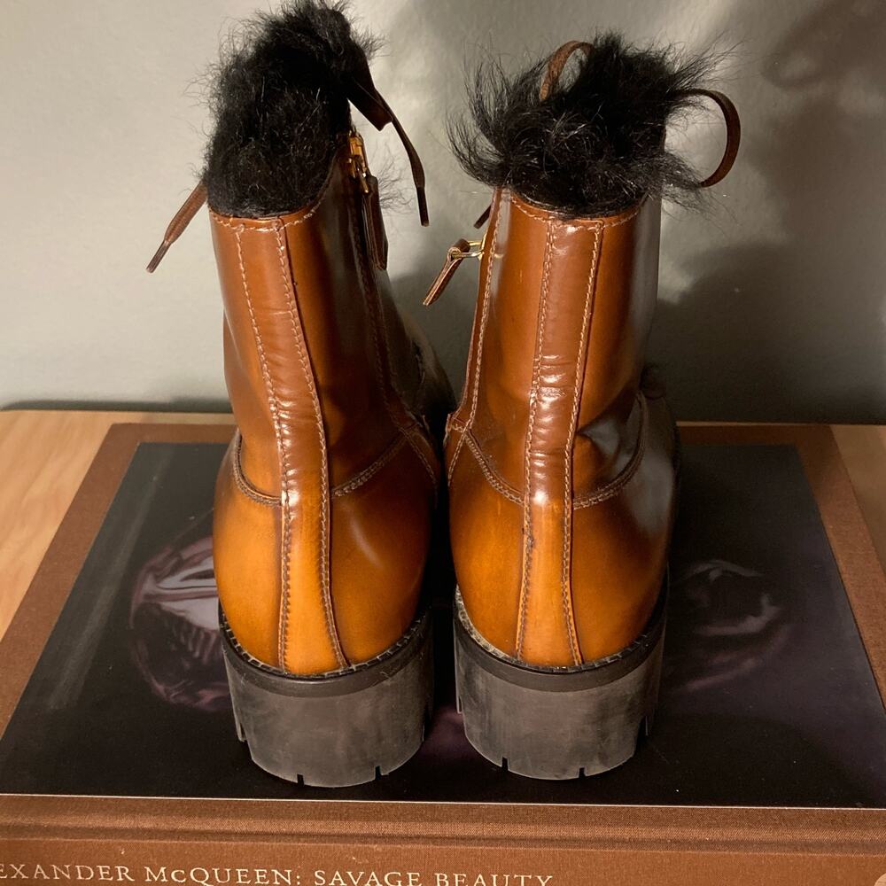 Prada Tobacco Burnished Leather Fur Combat Boot Orig $1400 Sz 38 / 7.5 8~ Mint - Picture 3 of 12
